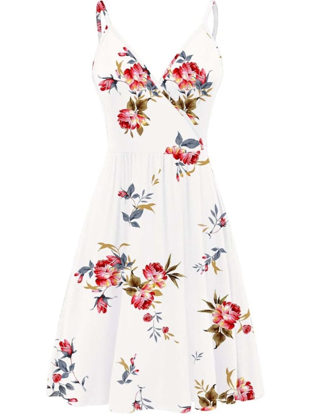Women's Floral White Neck Spaghetti Strap Sundress Casual Beach Mini Dress - Picture 3 of 5